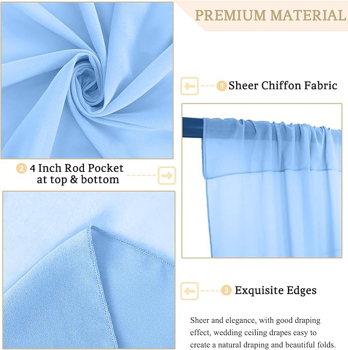 MODFUNS Light Blue Ceiling Drape 5x20ft 4 Panels Chiffon Ceiling Draping Fabric Sheer Wedding Arch Drapery Stage Canopy Ceiling Drapes Chiffon Curtain Drapes for Arbor Swag Tent Party Decoration
