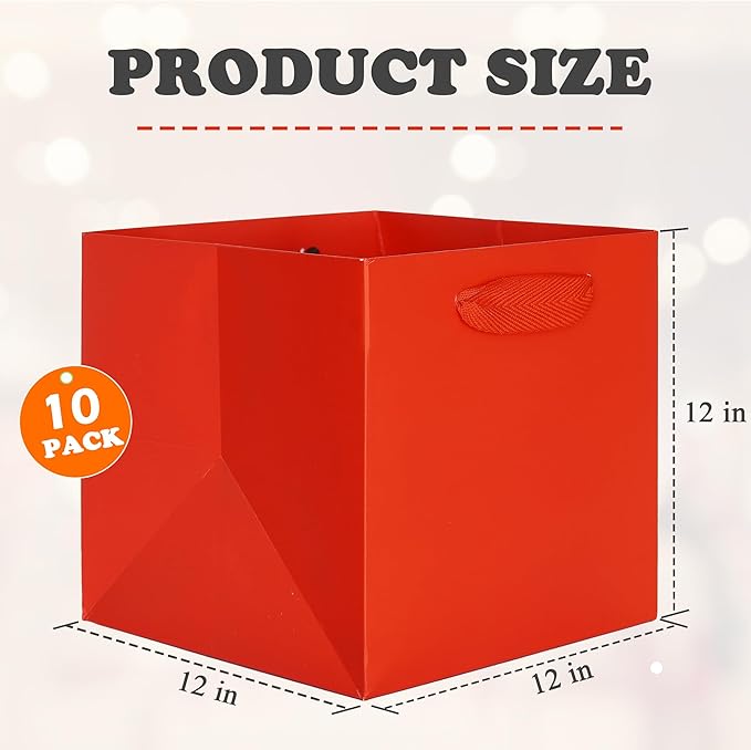 Gift Bags, Red Square Bottom Paper with Handles, 12 x 12 Inch, Pack of 10