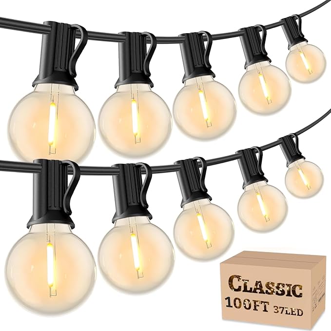 String Lights, 100FT Outdoor Patio Set with 37 Warm White G40 Bulbs