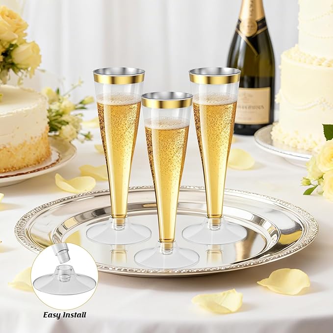 200 Pack Champagne Flutes Plastic Wine Glasses Disposable, 4.5 Oz Gold Rim Mimosa Glasses for 2025 Engagement Wedding Birthday New Years Eve Xmas Party Supplies, Bulk Toasting Cocktail Cups