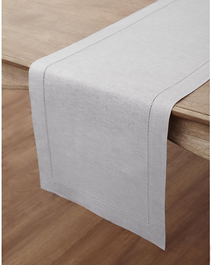 Solino Home Linen Soft Grey Table Runner 72 Inches Long - 100% Pure Linen Hemstitch Table Runner 14 x 72 Inch for Dresser, Dining, Fall, Autumn, Halloween, Thanksgiving, Christmas - Classic Hemstitch