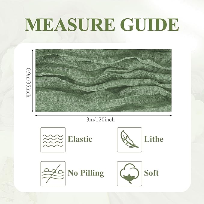 Asee'm 6pcs Cheesecloth Table Runner 120 Inches Sage Green Boho Gauze Cheese Cloth Runner 10FT Rustic Sheer Table Runners for Summer Wedding Baby Shower Holiday Party Decoration