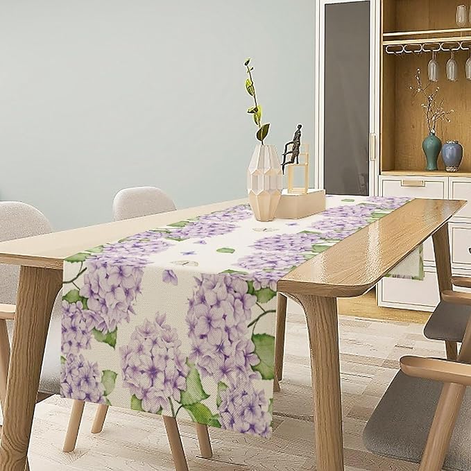 Watercolor Hydrangea Flower Table Runner, Spring Summer Seasonal Plants Butterfly Pink Lavender Dinner Runner for Home Kitchen Dining Table Party Holiday Decoration 13"x90"