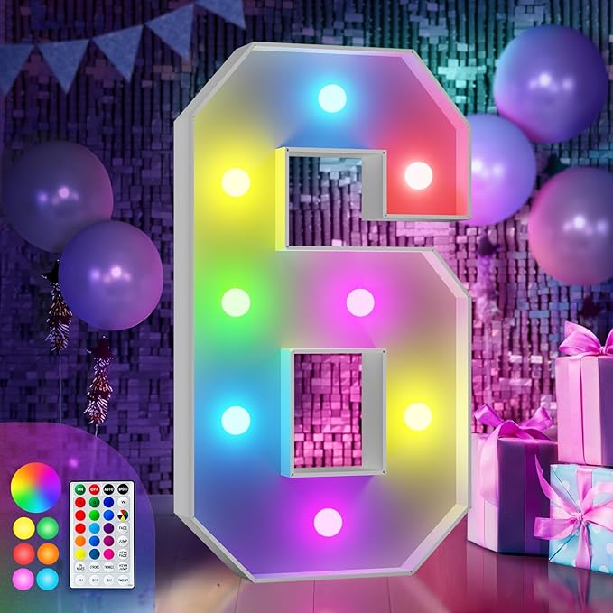 Number 6 Marquee Light Sign with Remote, Waterproof 3 Ft Party Decor