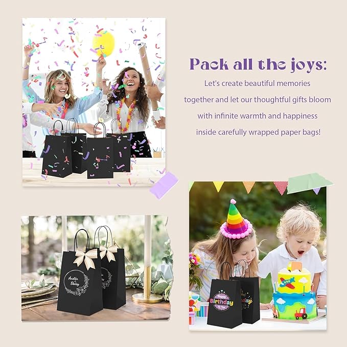 Gift Bags Black Kraft Paper Shopping Bags with Handles, 300 Count