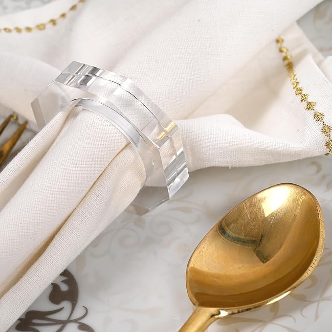 Acrylic Napkin Rings Set of 8 - Octagon Transparent Design for Christmas, Thanksgiving, Holiday Table Decor - Durable Crystal Napkin Holders for Dinner Parties & Everyday Use (Opaque) - CLEENTABLE