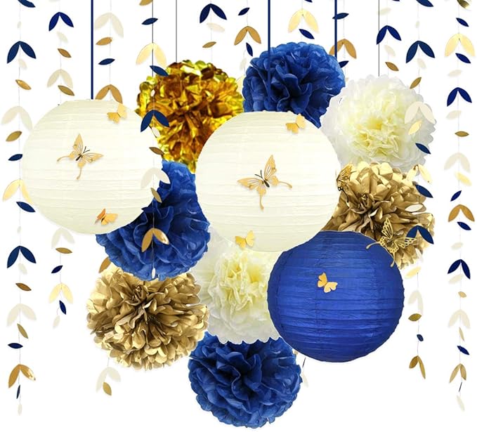 Banners Party Decor Kit, 40 Pieces, Blue and Gold Paper Lanterns, Garlands