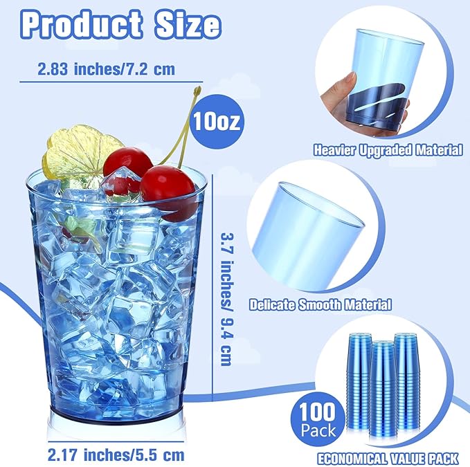 Plastic Party Cups, 10 oz Blue Disposable, 100 Count