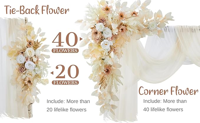 Artificial Flowers Kit for Wedding Arch, Beige Silk Roses with Drapes