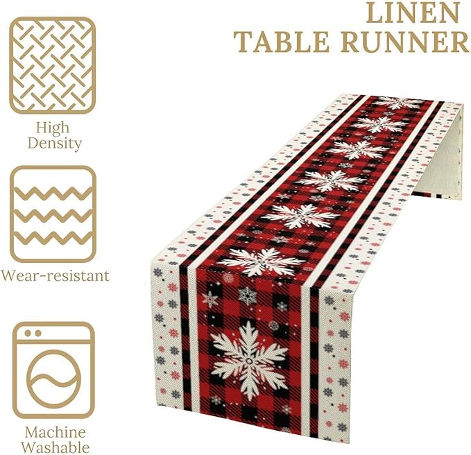 Snowflakes Christmas Table Runner,Red Buffalo Plaid Seasonal Winter Kitchen Dining Table Decoration for Home Party Decor 13x90 Inch
