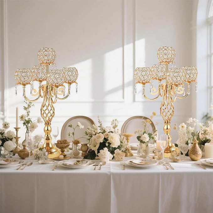 Candlestick Holders Gold Crystal Candelabra, 5-Arm 23.6-Inch Centerpiece