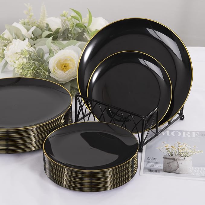 Plastic Party Plates, 60 Count, Black with Gold Rim, BPA Free