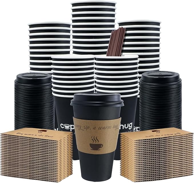 Cups, 16 oz Paper Hot Cups with Lids and Sleeves, 100 Count