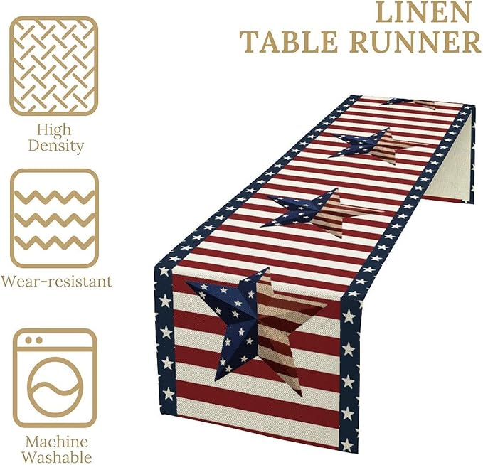 4th of July Table Runner, Patriotic Independence Day American Stars Stripes Flag Print Table Runner for Farmhouse Kitchen Dining Holiday Birthday Party, 13x60inch
