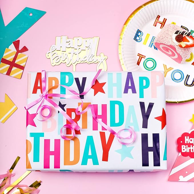LeZakaa Reversible Stars Birthday Wrapping Paper Roll, Happy Birthday Lettering & Colorful Star, for Boys Girls, Mini Roll, 17 inches x 32.8 Feet (46.45 sq.ft.)