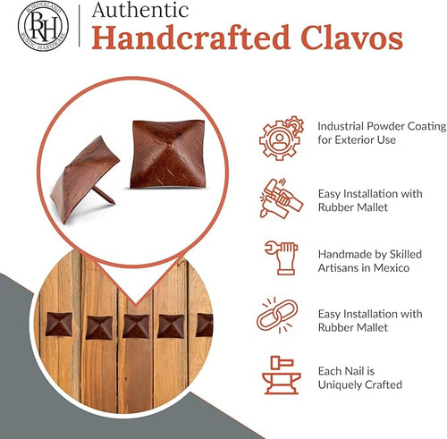 100 Pack 2" Square Head Iron Clavos Decorative Nails – Sealed Rusted – Handmade Rustic Square Fasteners for Farmhouse Shutters, Faux Wood, Barn Doors, Shutters, and Gates – Ornamental Wood Accent