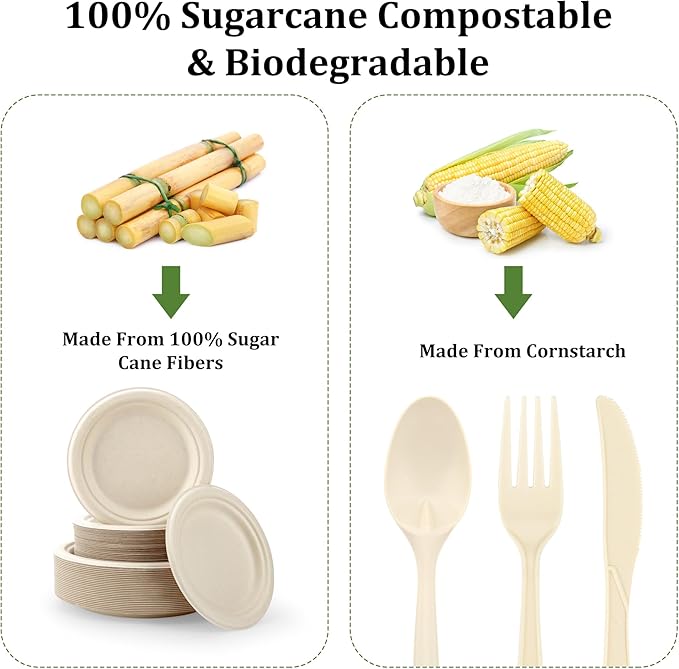 Disposable Plates Set for Parties, 250 Pieces, Compostable Sugarcane Fiber