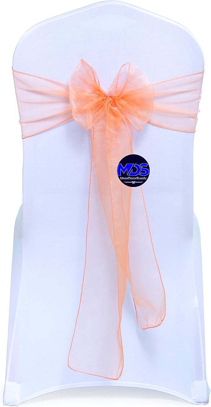 MDS Pack of 125 PCS Organza Chair Sashes Wider Dining Chair Bows Ribbon Tie Back for Wedding Party Birthday Bridal Shower Reception Event Banquet Home Chair Cover Decoration - Peach