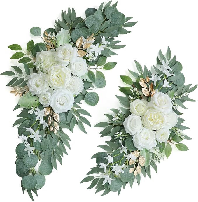 Artificial Flowers Swags Set of 2 in White and Gold Silk for Arches