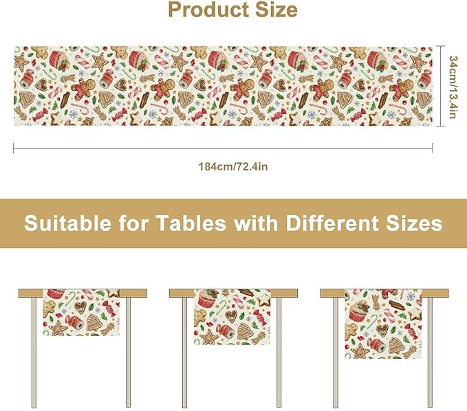 Christmas Table Runner, Christmas Gingerbread New Year Xmas Table Cloth Kitchen Dining Table Decoration for Home Party Decor 13x70 Inch