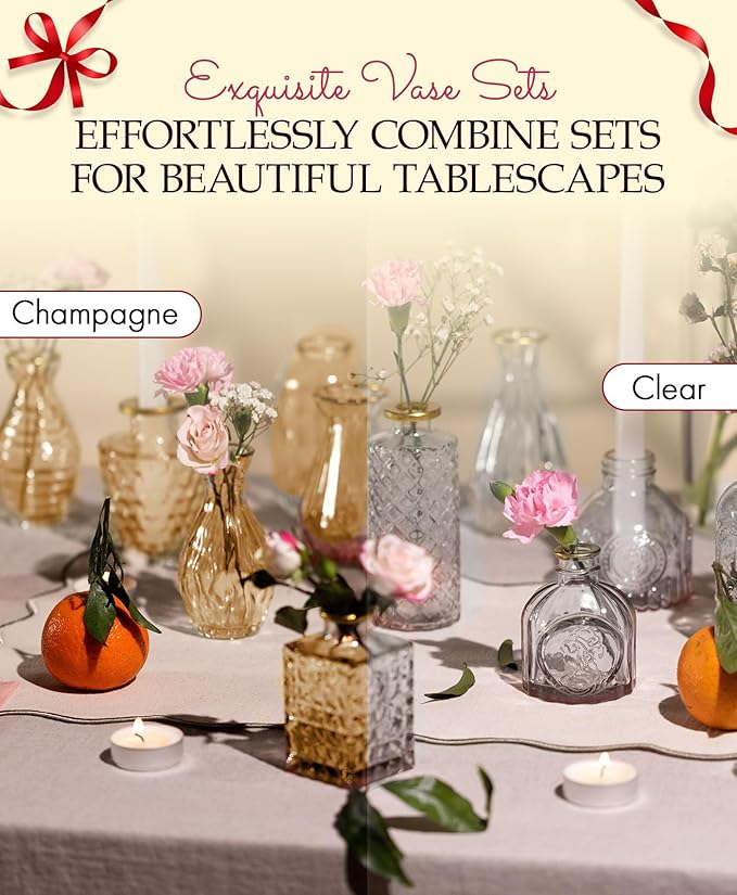 Premium Heirloom Hills Bud Vases for Home Decor, Crystal Clear Glass Flower Vase Set of 30 with Hand-Painted Gold Rims, Small Vases for Centerpieces and Wedding Decorations (Clear, Set of 30)
