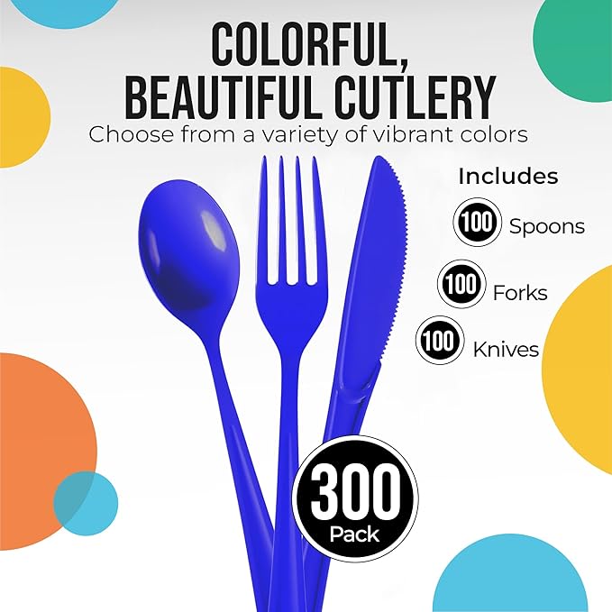 Disposable Plastic Cutlery Set, 300 Pieces, Dark Blue