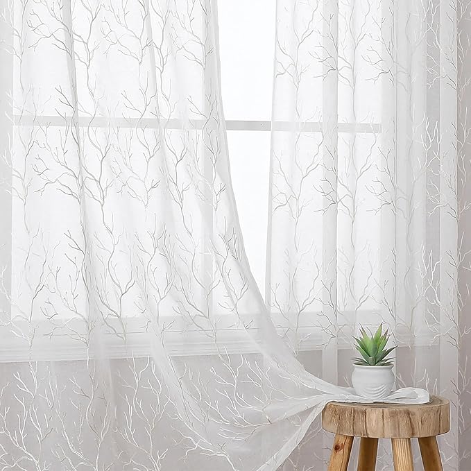 VISIONTEX Sheer Curtains 95 inch Length 2 Panels Set, Decorative Beige Coral Embroidery, Rod Pocket Embroidered Window Drapes for Living Room and Bedroom, 54" x 95"