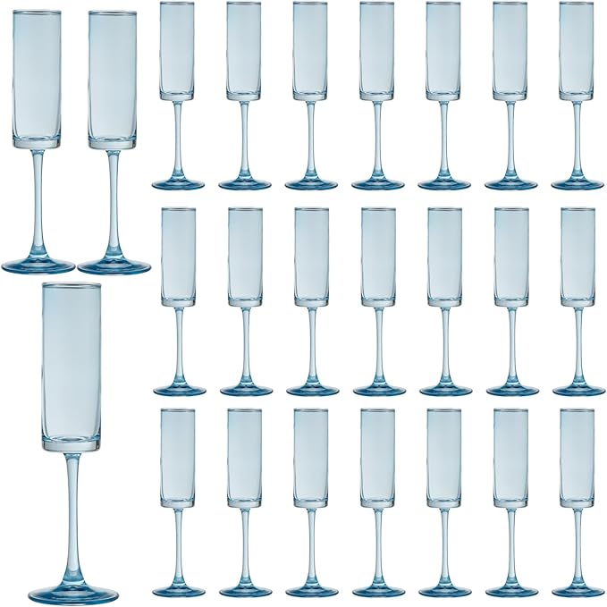 24 Pieces Blue Champagne Flutes 6 OZ Straight Sided Wine Glasses Champagne Long Stem Drinking Colored Glasses,Set of 24 Hand Blown Champagne Flutes Goblets for Wedding Cocktail Cups,Cava, Prosecco