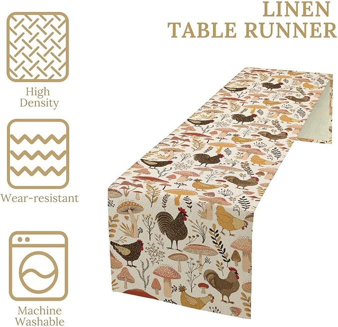 Mushroom Table Runner,Retro Natural Plant Famhouse Table Runner for Kitchen Dining Table Home Party Decoration 13x120 Inch