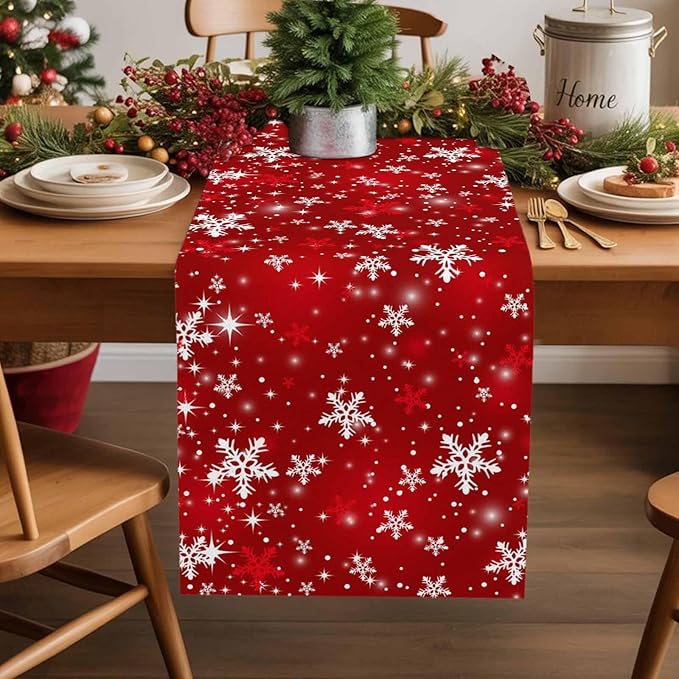 Christmas Snowflakes Cotton Linen Table Runner for Dining Kitchen, Red Xmas Winter Snow Wedding Outdoor Party Tablerunners Decoration, New Year Dresser Scarf Coffee Tablecloth Runners 13x36 Inches