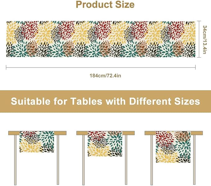 Green Red Dahlia Flower Table Runner Chrysanthemum Geometric Kitchen Dining Bedroom Living Room Table Decor for Indoor Outdoor Home Party, 13x36 Inch