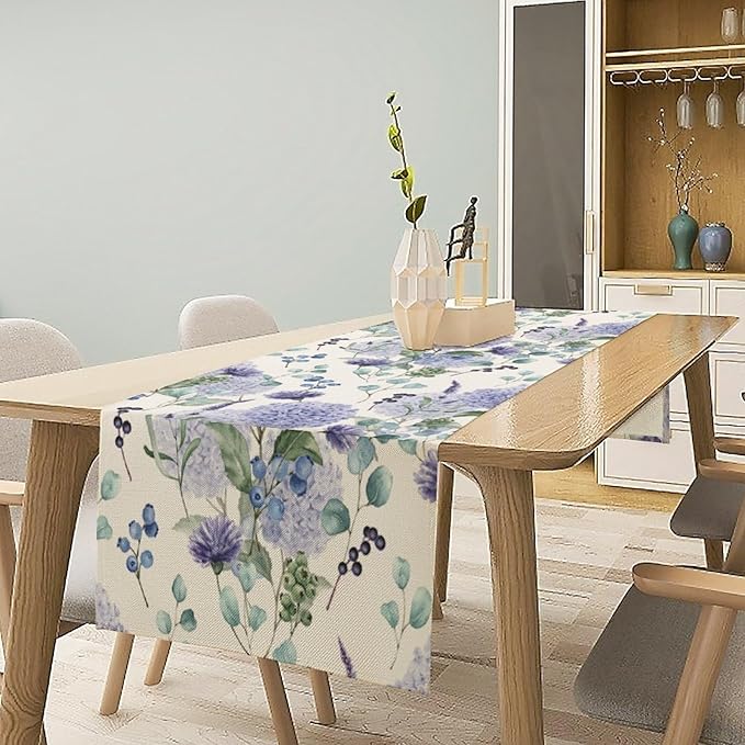 Spring Hydrangea Flower Table Runner, Seasonal Summer Plants Watercolor Eucalyptus Leaves Purple Florals Dinner Runner for Home Kitchen Dining Table Party Holiday Decoration 13"x120"