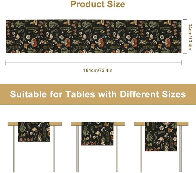Mushroom Table Runner,Retro Forest Plant Table Runner for Kitchen Dining Table Home Party Decoration 13x72 Inch