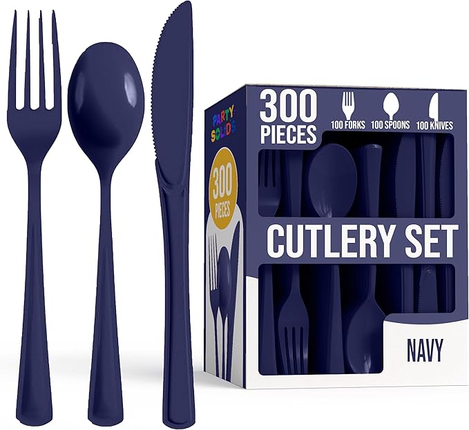 Spoons and Cutlery Set, Navy Plastic, 300 Count, Heavy Duty