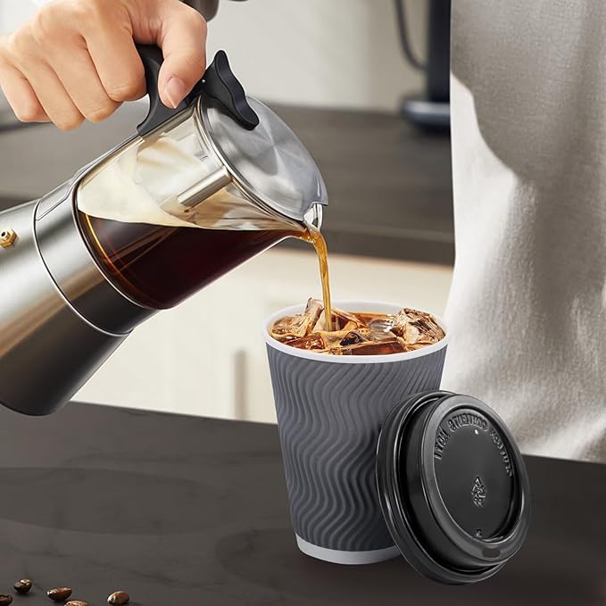 Disposable Paper Coffee Cups with Lids, 12 oz Gray, Pack of 100