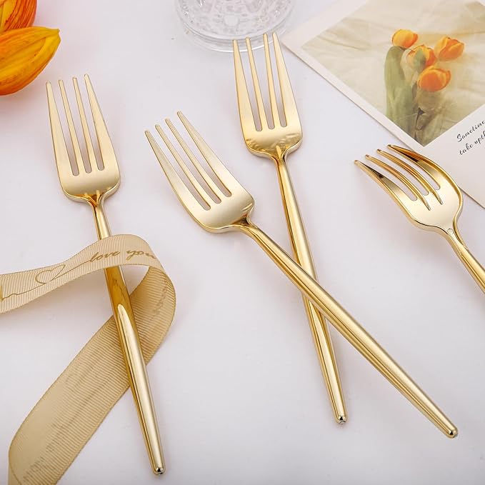 Forks, 90 Count Gold Plastic Disposable Party Set, Polished Finish