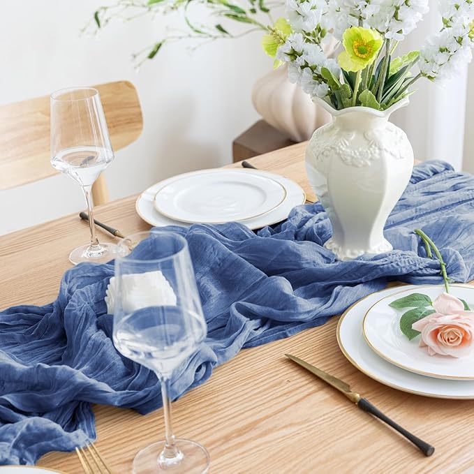 Asee'm 12pcs Cheesecloth Table Runner 120 Inches Long Blue Boho Gauze Cheese Cloth Runner 10FT Rustic Sheer Table Runners for Christmas Wedding Party Baby Shower Spring Easter Decoration