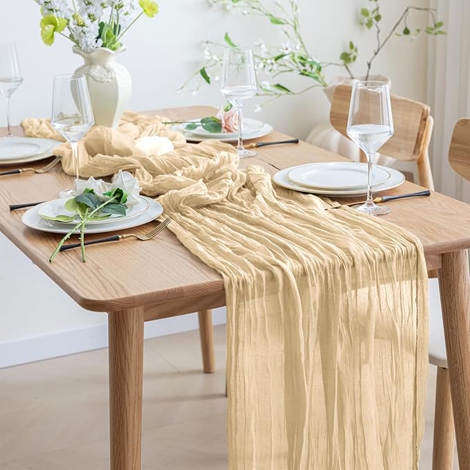 Asee'm 3pcs Cheesecloth Table Runner 120 Inches Long Sand Boho Gauze Cheese Cloth Runner 10FT Rustic Sheer Table Runners for Christmas Wedding Party Baby Shower Spring Easter Decoration