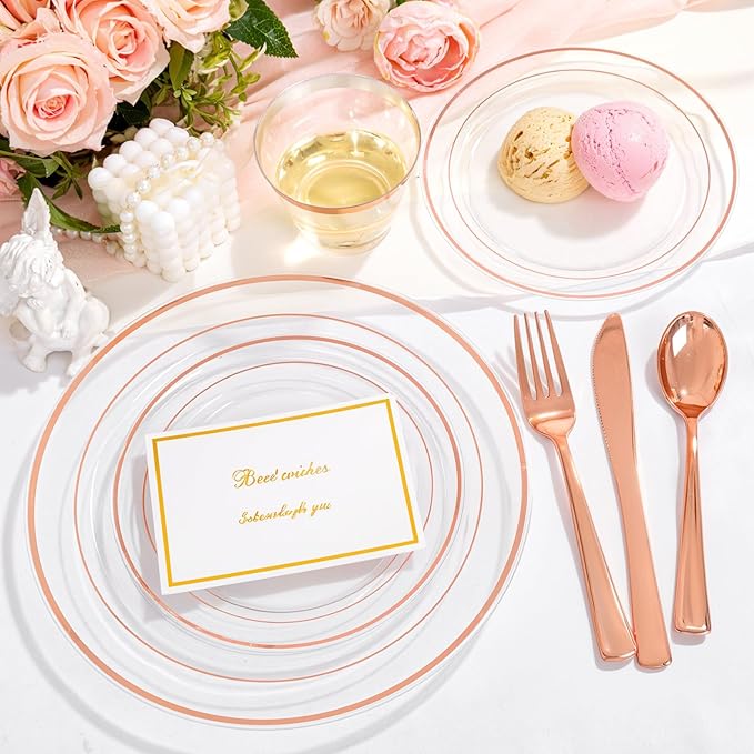 Disposable Plates, Clear Plastic with Rose Gold Trim, 150-Piece Set