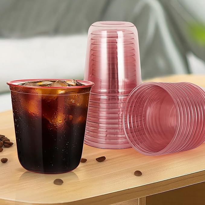 Disposable Party Cups 12 oz Pink Plastic, Pack of 100 Cocktail Cups