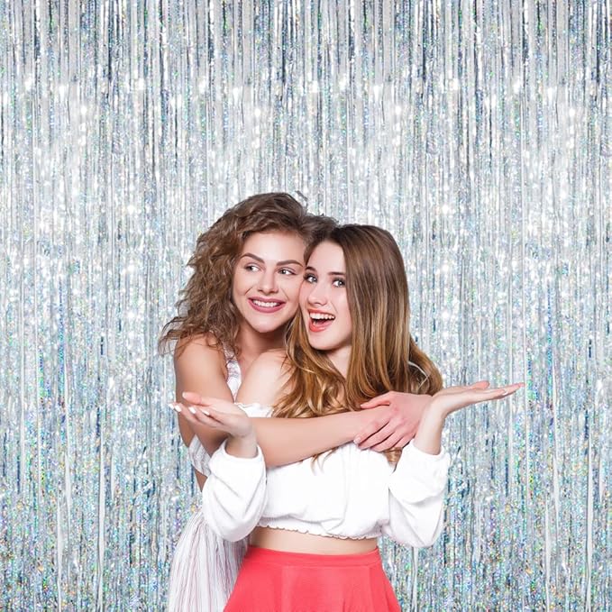 GOER 3.2 ft x 8.2 ft Metallic Tinsel Foil Fringe Curtains Party Photo Backdrop Party Streamers for Birthday,Graduation,New Year Eve Decorations Wedding Decor (5 Packs,Shiny Silver)