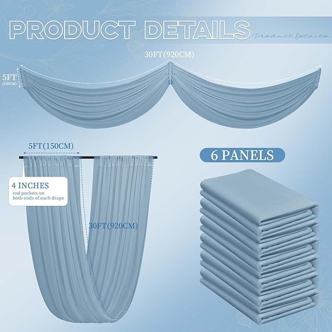 6 Panels Dusty Blue Ceiling Drapes for Wedding 5ftx30ft Ceiling Drapes Wedding Arch Draping Fabric Cheesecloth Sheer Curtain Romantic Ceiling Decorations for Weddings Party Banquet Ceremony Stage