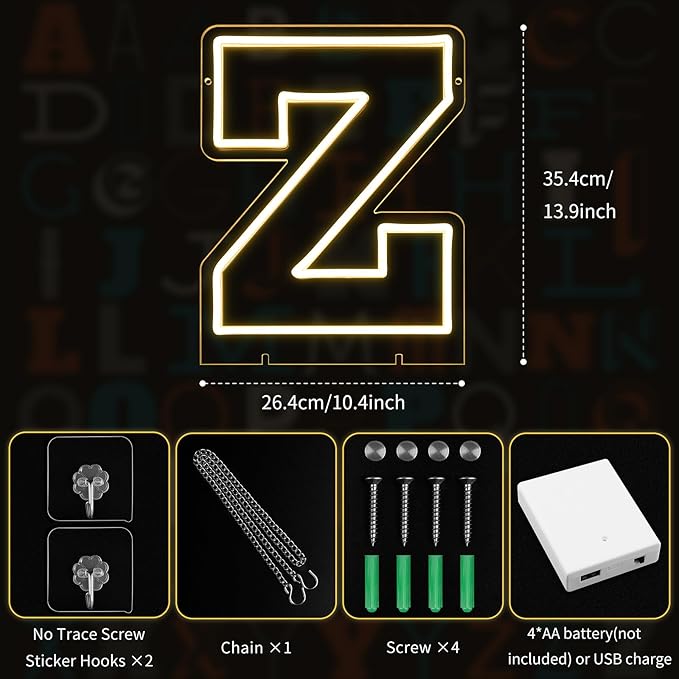 Light Up Letters Z, Led Marquee Letter Lights Neon Sign, 13.9" Height Decorative Lighted Alphabet Number, Battery/USB Powered Led Letters Lights for Wedding, Birthday, Party, Christmas or Home Decor