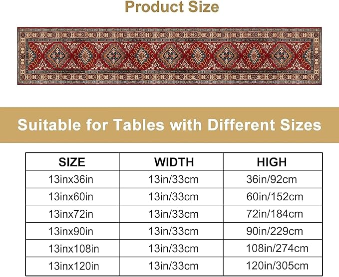 Boho Floral Vintage Table Runner, Red Grey Retro Flower Rustic Country Farmhouse Abstract Pattern for Home Kitchen Table Decor Dining Coffee Room Party Decor 13x36in