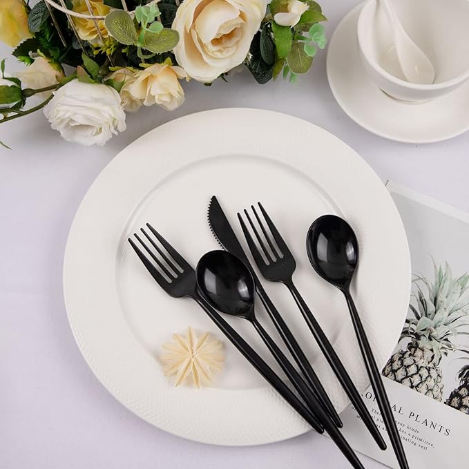 Black Plastic Spoons and Cutlery Set, 180 Count with Forks and Knives