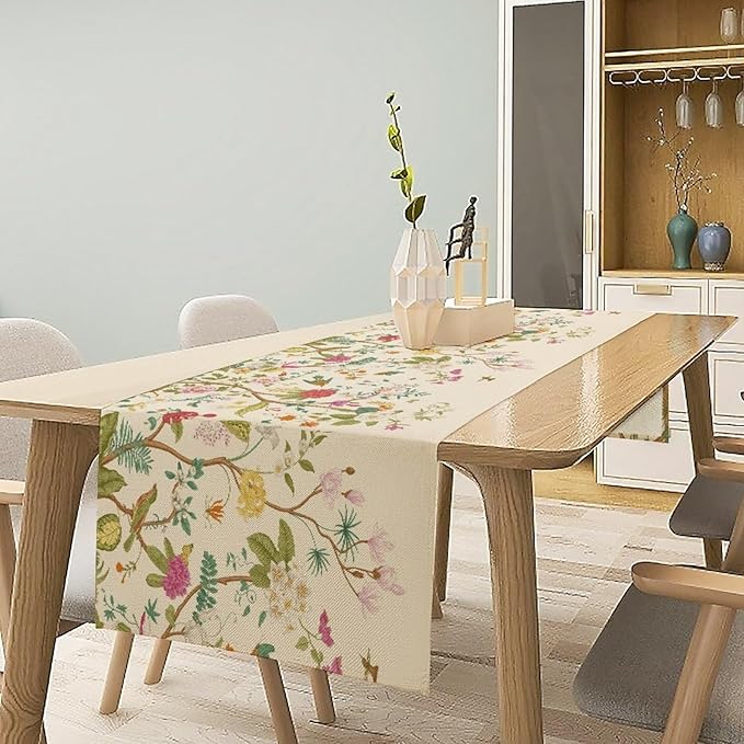 Floral Table Runner, Vintage Birds Wildflowers Herbs Nature Theme Linen Long Table Kitchen Dining Table Holiday Party Decorative Table Runner,13in（33cm） W * 60in（152cm） L