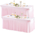 Wish Care 2 Pack Pink Spandex Table Clothes for 4 Foot Rectangle Tables, 4FT Wrinkle Free Fitted Tablecloths Ruffles Design Table Cover for Party, Banquet, Wedding and Events