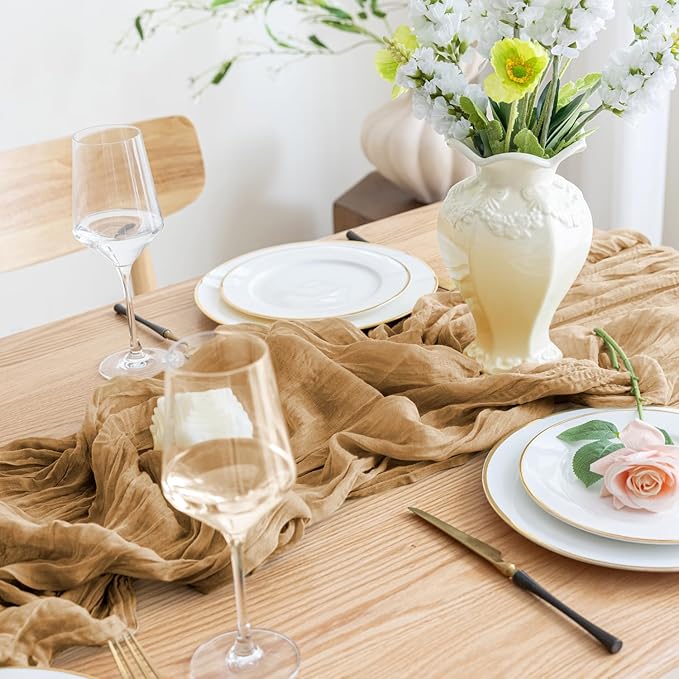Asee'm 6pcs Cheesecloth Table Runner 120 Inches Long Khaki Boho Gauze Cheese Cloth Runner 10FT Rustic Sheer Table Runners for Christmas Wedding Party Baby Shower Spring Easter Decoration