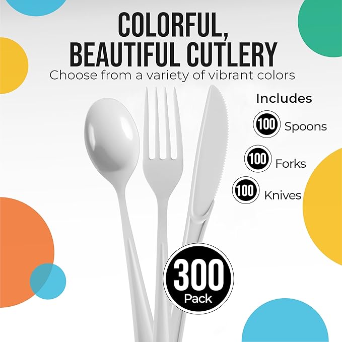 Disposable Plastic Spoons, Forks and Knives Set, 300 Count White