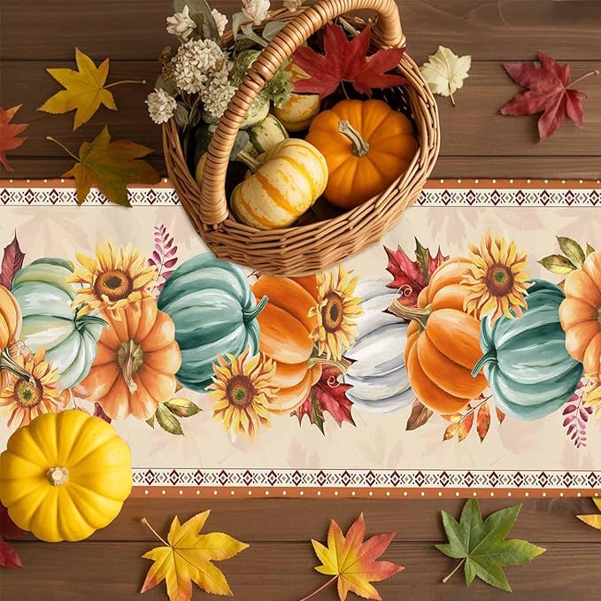 Fall Thanksgiving Southwest Cotton Linen Table Runner for Dining Kitchen, Orange Pumpkins Wedding Outdoor Party Rustic Tablerunners Decoration, Sunflower Dresser Scarf Tablecloth Runners 13x72 Inches